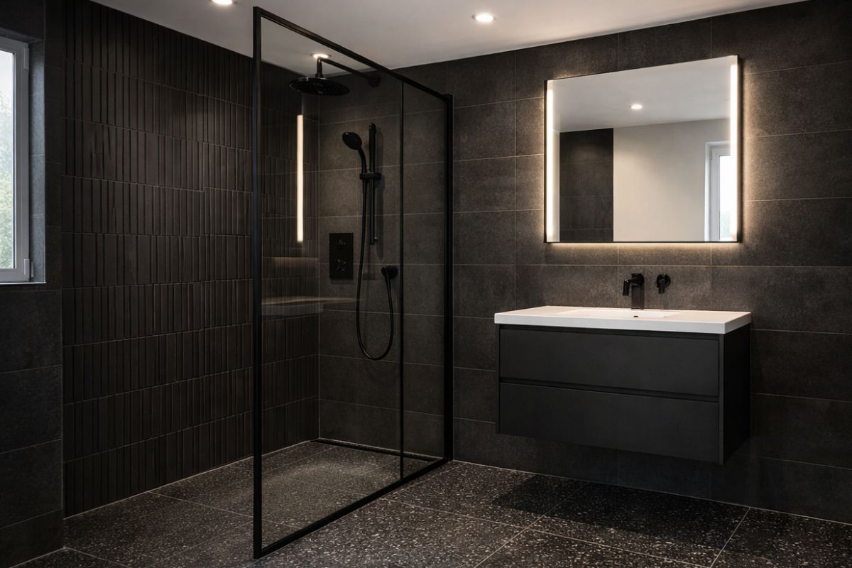 Bathroom tiling work in progress in Warrington showing precision installation and expert grouting